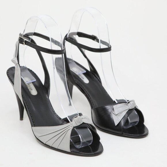 Vintage Cristin Leather Black Grey Two-Tone Ankle Strap Peep-Toe Sandals Pumps - Picture 14 of 14